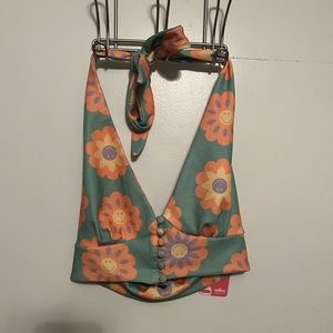 Smiley x Smak Parlour Mint & Smiley Daisy Print Crop Top - size small